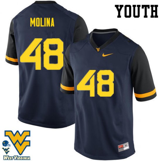 Youth West Virginia Mountaineers NCAA #48 Mike Molina Navy Authentic Nike Stitched College Football Jersey ZM15Q65LG